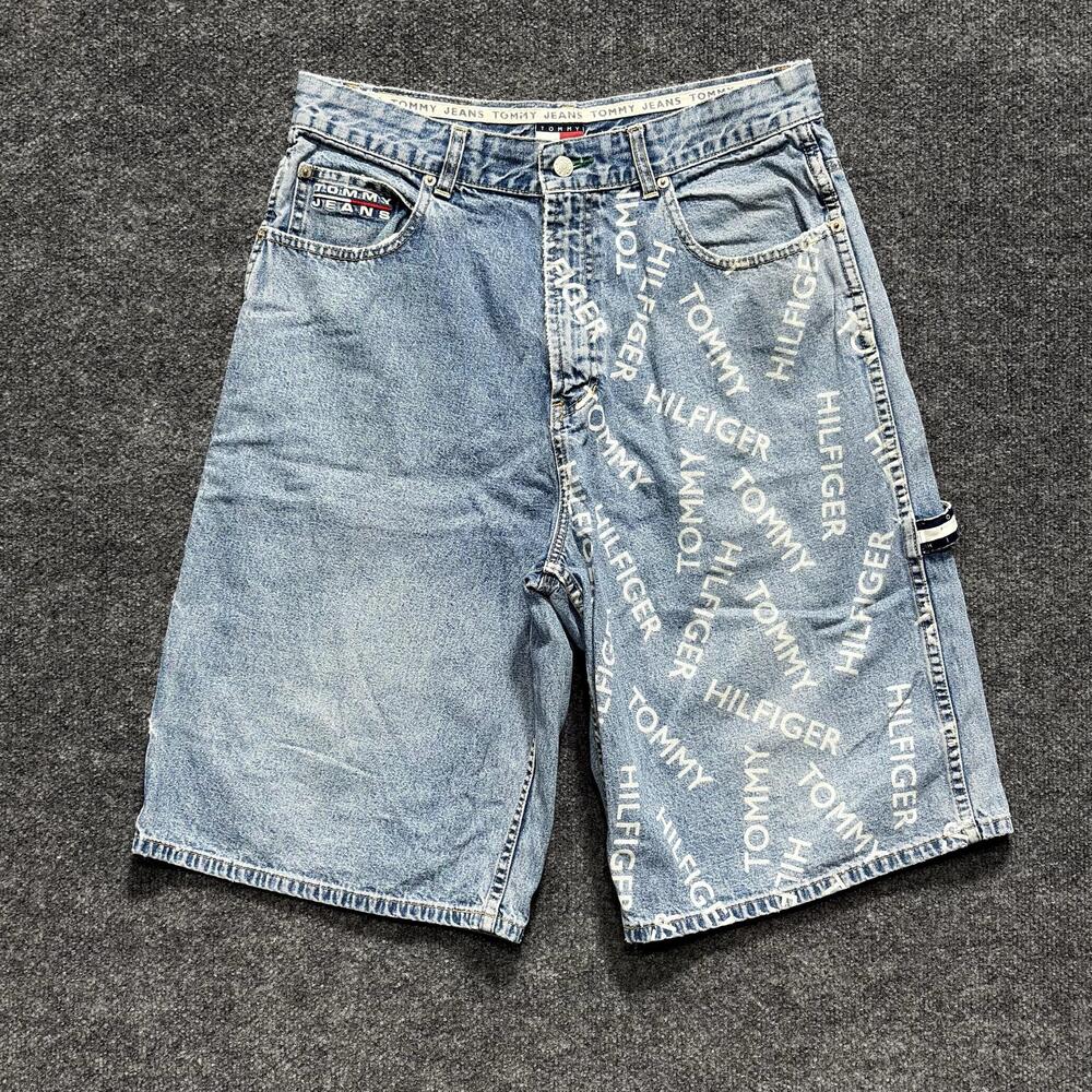 Tommy Hilfiger Cargo Shorts Mens 34 Blue Denim Logo Print Carpenter Y2K